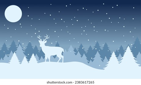 Winter at night landscape vector illustration. Winter background with reindeer and pine forest in the snow hill. Silhouette of cold season landscape for background or wallpaper