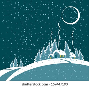 winter night landscape with a village in the forest and the moon