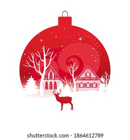 Winter night landscape with village houses, trees and a deer on a Christmas ball isolated on a white background.