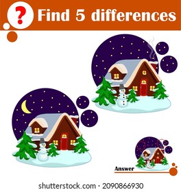 A winter night landscape with a wooden house, snowman and firs. Find 5 differences. Game for children. Activity, vector