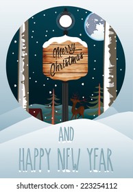 Winter night landscape with wooden sign.Christmas card.