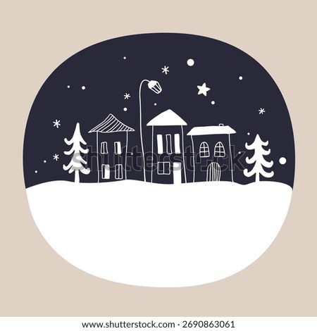 Winter night linear landscape with a small village. Cartoon Christmas illustration