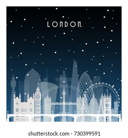 Winter night in London. Night city in flat style for banner, poster, illustration, game, background.