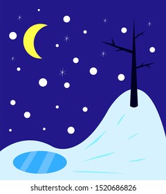 winter night lonely bare tree on a hill a frozen lake a bright moon and stars background for the cold season is clean and there is nobody around wildlife