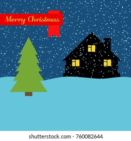 Winter night with lonely house and falling snow and a red ribbon with the inscription Happy Christmas. Vector illustration.
