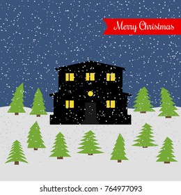 Winter night with lonely house and falling snow and a red ribbon with the inscription Happy Christmas. Vector illustration.