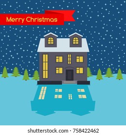 Winter night with lonely house and stellar sky and a red ribbon with the inscription Happy Christmas. Vector illustration.
