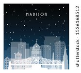 Winter night in Madison. Night city in flat style for banner, poster, illustration, background.