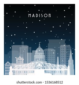 Winter night in Madison. Night city in flat style for banner, poster, illustration, background.