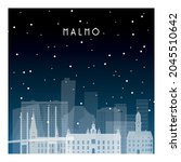 Winter night in The Malmo. Night city in flat style for banner, poster, illustration, background.