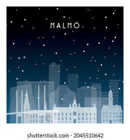 Noche de invierno en El Mal. Ciudad nocturna de estilo plano para banner, afiche, ilustración, fondo.