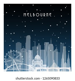 Winter night in Melbourne. Night city in flat style for banner, poster, illustration, background.
