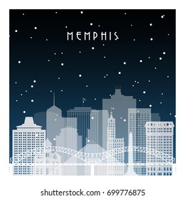 Winter night in Memphis. Night city in flat style for banner, poster, illustration, game, background.