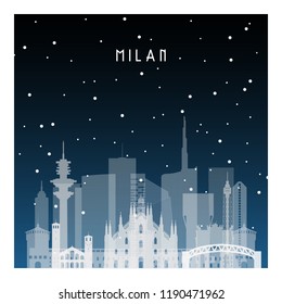 Noche de invierno en Milán. Ciudad nocturna de estilo plano para banner, afiche, ilustración, fondo.