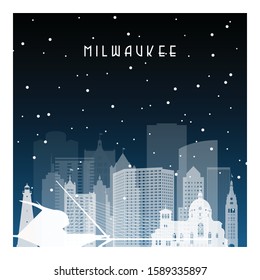 Winter night in Milwaukee. Night city in flat style for banner, poster, illustration, background.