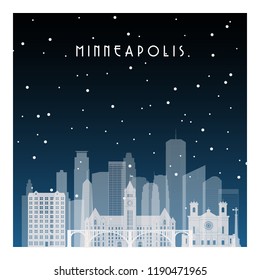 Winternacht in Minneapolis. Nachtstadt im flachen Stil für Banner, Poster, Illustration, Hintergrund.