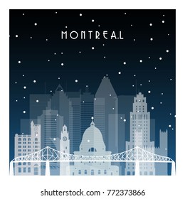 Winter night in Montreal. Night city in flat style for banner, poster, illustration, background.