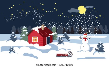 Winter night. The moon is in the sky. A house in the snow, a snowman and a sled. Vector illustration for banners and postcards.