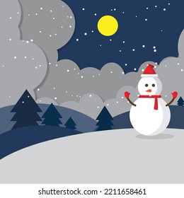 Winter night, the moon is in the sky. snowman vector illustration for banners and postcards.