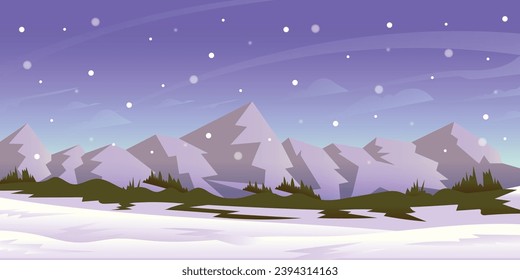 Winter Night Mountain Background Flat Style 