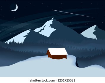Winter night mountain landscape with a forest and a lonely house standing over a cliff. Simple flat vector illustration