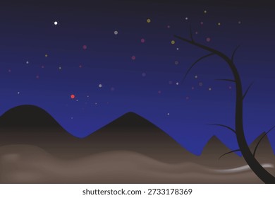 Paisaje montañoso de la noche del invierno con el cielo y la naturaleza salvaje, fondo del diseño de la Ilustración vectorial
