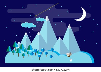 Winter night with mountains landscape.Vector illustration