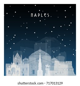 Winter night in Naples. Night city in flat style for banner, poster, illustration, game, background.