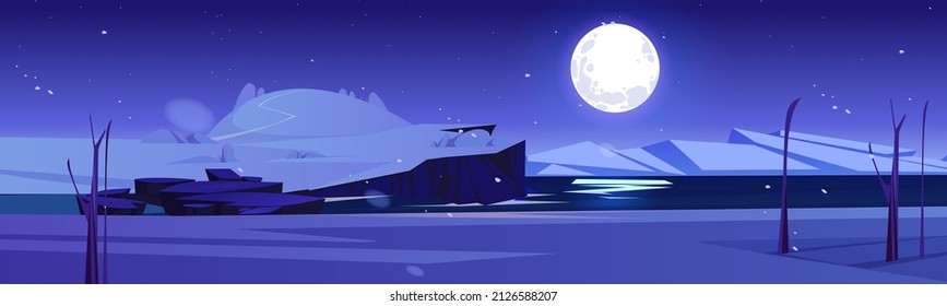 Winter Night Nature Landscape, Cartoon Background With Full Moon Shining In Sky With Stars Above Snowy Cliff, Frozen Sea, Mountains, Bare Trees And Rocks. Nighttime Moonlight Scene Vector Illustration