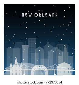 Winternacht in New Orleans. Nachtstadt im flachen Stil für Banner, Poster, Illustration, Hintergrund.