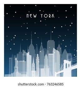 Winter Night In New York. Night City In Flat Style. Vector Illustration.