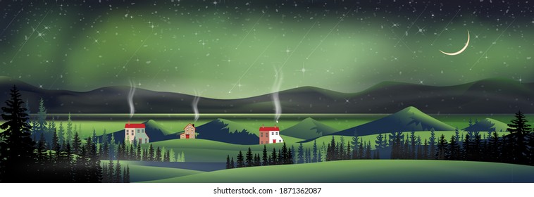 Winter night with northern lights landscape in starry night with crescent moon, shining stars and comet falling over behind mountain and pine tree,Vector Night sky and spectacular aurora borealis