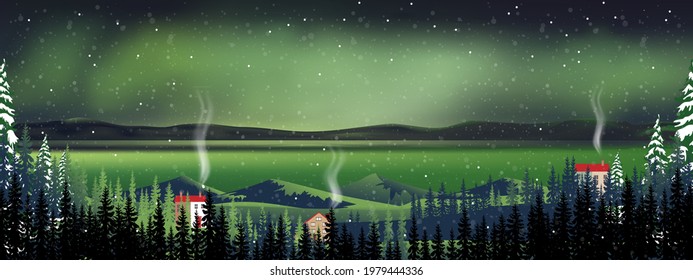 Winter night with northern lights landscape in starry night with crescent moon, shining stars and comet falling over behind mountain and pine tree,Vector Night sky and spectacular aurora borealis