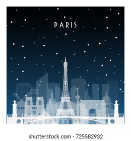 Winter night in Paris. Night city in flat style for banner, poster, illustration, game, background.