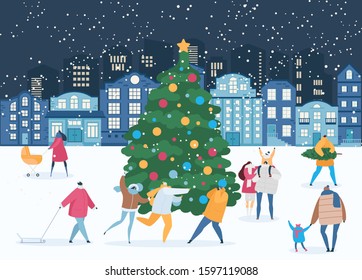 Winter night and people around Xmas tree vector illustration. Christmas and New Years celebration eve. Different people play snowballs, carry fir, walk with children outdoors in city square.