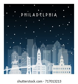 Winter night in Philadelphia. Night city in flat style for banner, poster, illustration, game, background.