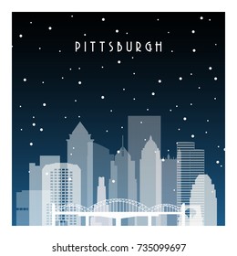 Winter night in Pittsburgh. Night city in flat style for banner, poster, illustration, game, background.