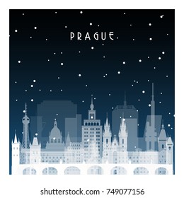 Winter night in Prague. Night city in flat style for banner, poster, illustration, game, background.