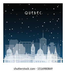 Winter night in Quebec. Night city in flat style for banner, poster, illustration, background.