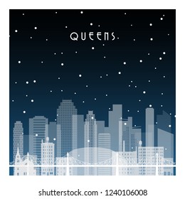 Winter night in Queens NYC. Night city in flat style for banner, poster, illustration, background.