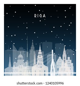 Winter night in Riga. Night city in flat style for banner, poster, illustration, background.