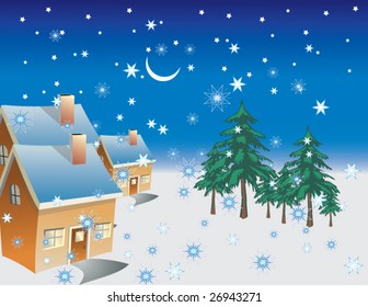A winter night with rising moon & star in a small village falling snowflake