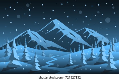 winter night  rocky mountain and pine forest woodland cartoon xmas christmas new year background