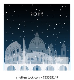 Winter night in Rome. Night city in flat style for banner, poster, illustration, game, background.