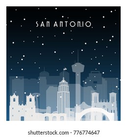 Winter night in San Antonio. Night city in flat style for banner, poster, illustration, background.