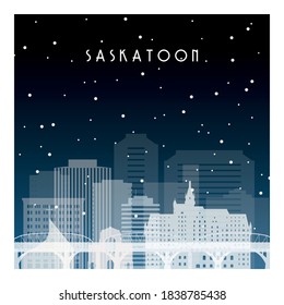 Noche de invierno en Saskatoon. Ciudad nocturna de estilo plano para banner, afiche, ilustración, fondo.