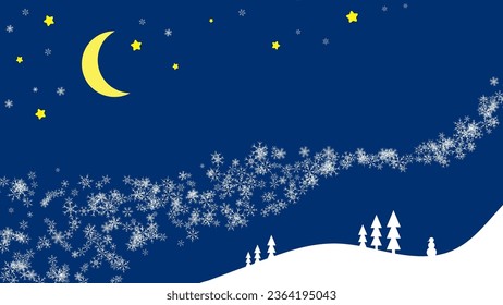 Winternachtszene. Blizzard vor dem Hintergrund des Sternenhimmels und des Halbmondes. Landschaft schneebedeckter Nadelwald. Einfache flache Papier, Vektorgrafik auf blauem Hintergrund