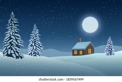 Winter night scene with house and full moon