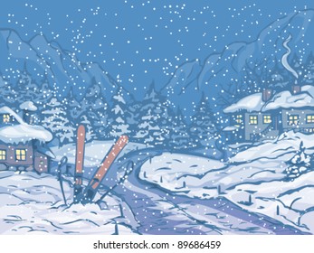 Winter night scene with houses and falling snow