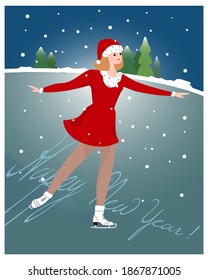 Winter night scene with   skating young woman. Winter, ice rink, figure skating, figure skater. Retro style illustration. Vector illustration for winter theme.
